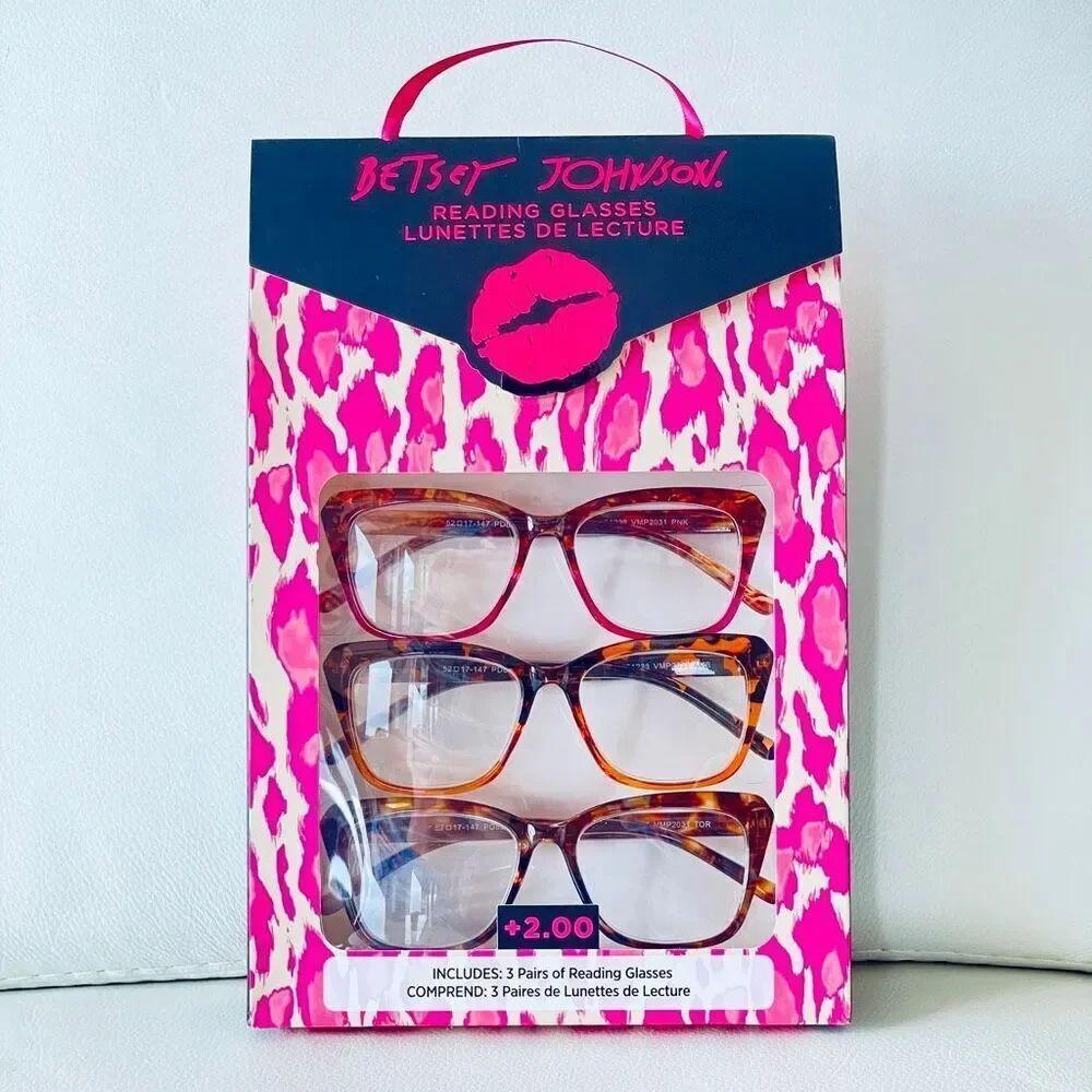 NWT 3 Pack 2.00 Betsey Johnson Premium Square Reading Glasses Brown, Tan, Amber